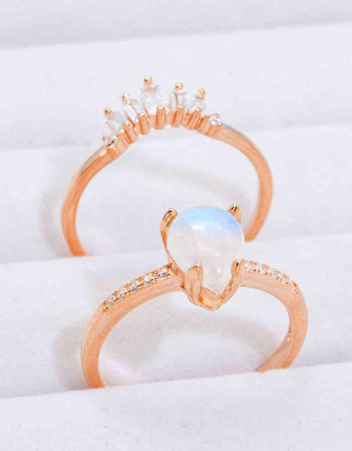 Load image into Gallery viewer, Natural Moonstone and Zircon 18K Rose Gold-Plated Two-Piece Ring Set
