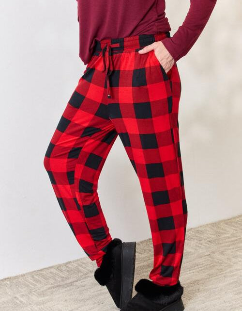 Load image into Gallery viewer, Zenana Full Size Plaid Round Neck Top and Pants Pajama Set
