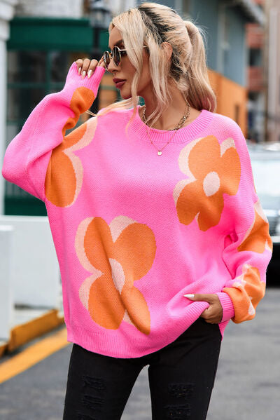 Flower Round Neck Dropped Shoulder Sweater