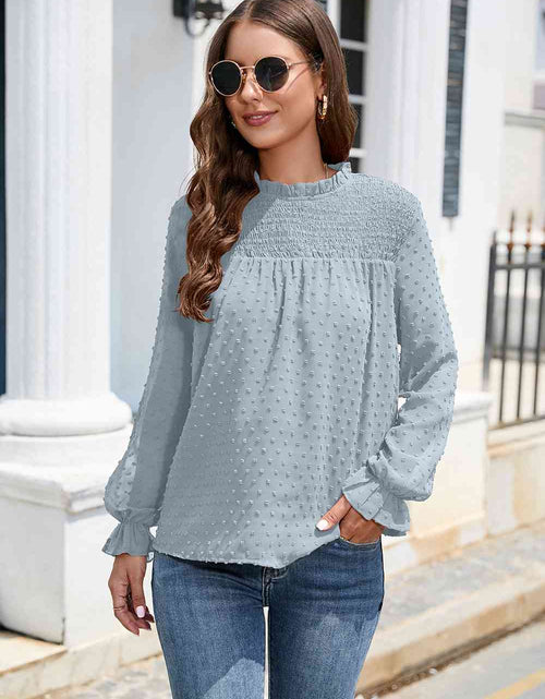 Load image into Gallery viewer, Smocked Mock Neck Swiss Dot Top
