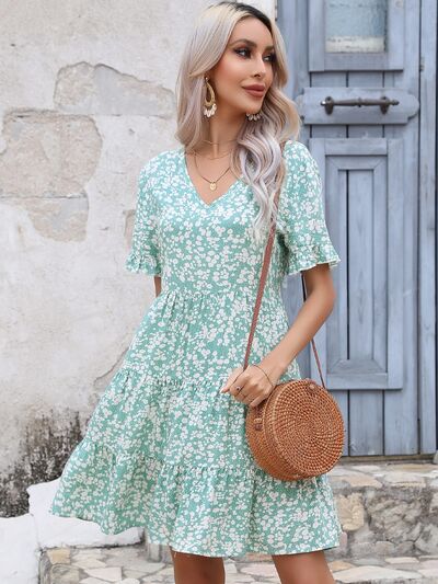 Load image into Gallery viewer, Floral V-Neck Short Sleeve Tiered Dress
