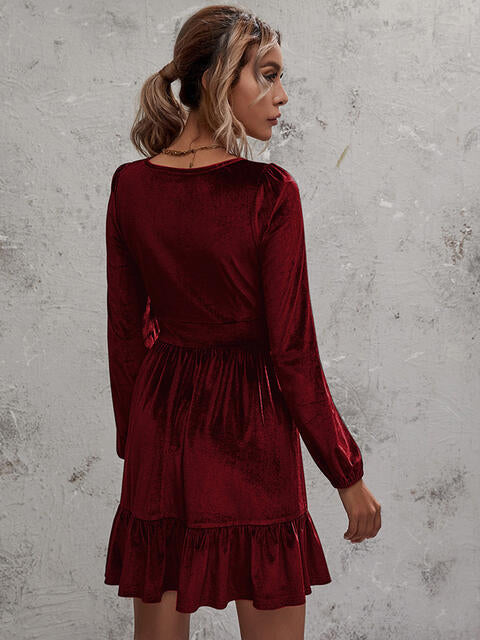 Load image into Gallery viewer, Plunge Long Sleeve Ruffle Hem Dress
