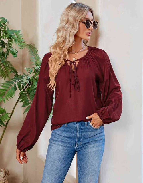 Load image into Gallery viewer, Tie Neck Balloon Sleeve Blouse
