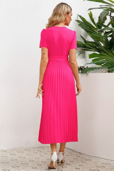 Load image into Gallery viewer, Pleated Surplice Short Sleeve Midi Dress
