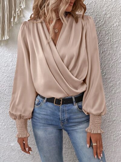 Load image into Gallery viewer, Surplice Smocked Lantern Sleeve Blouse
