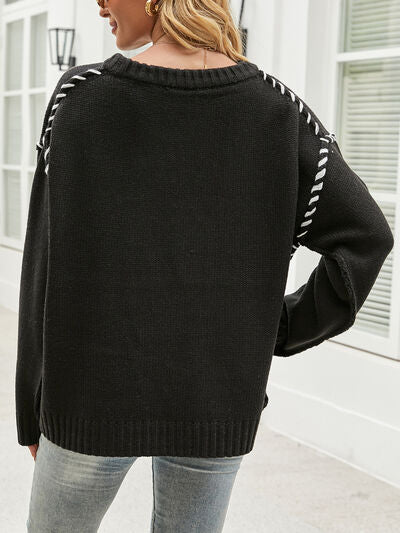 Load image into Gallery viewer, Contrast Round Neck Drop Shoulder Knit Top
