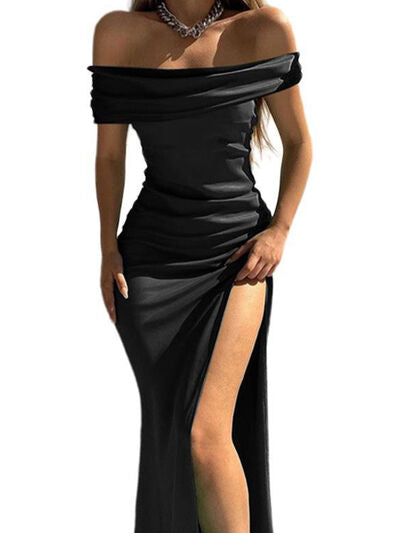 Load image into Gallery viewer, Split Ruched Off-Shoulder Dress
