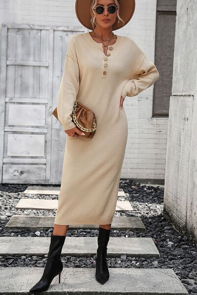 Load image into Gallery viewer, Decorative Button Notched Dropped Shoulder Sweater Dress
