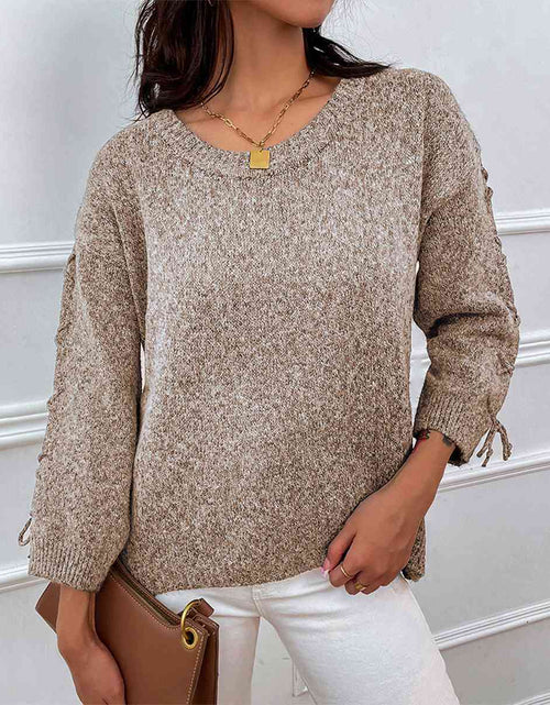 Load image into Gallery viewer, Lace-Up Long Sleeve Round Neck Sweater
