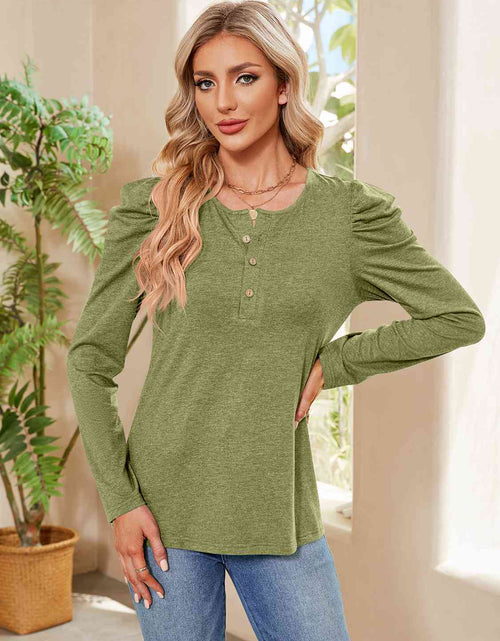 Load image into Gallery viewer, Buttoned Round Neck Puff Sleeve T-Shirt
