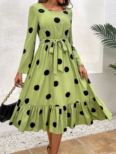 Load image into Gallery viewer, Tied Polka Dot Round Neck Ruffle Hem Dress
