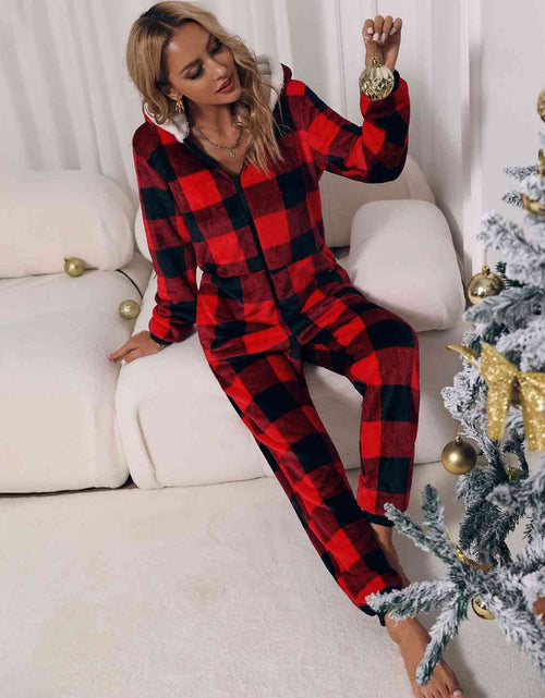 Load image into Gallery viewer, Plaid Zip Front Long Sleeve Hooded Lounge Jumpsuit
