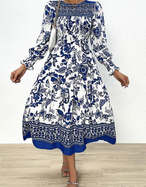 Load image into Gallery viewer, Printed Smocked Lantern Sleeve Ruffled Dress
