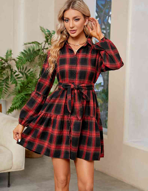 Load image into Gallery viewer, Plaid Print Tie Waist Collared Neck Shirt Dress
