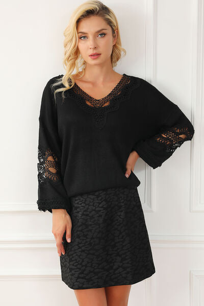 Load image into Gallery viewer, Openwork V-Neck Raglan Sleeve Sweater
