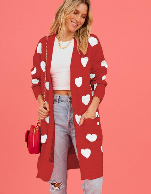 Load image into Gallery viewer, Heart Graphic Open Front Cardigan with Pockets
