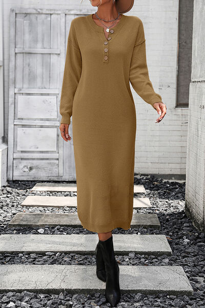 Load image into Gallery viewer, Decorative Button Notched Dropped Shoulder Sweater Dress
