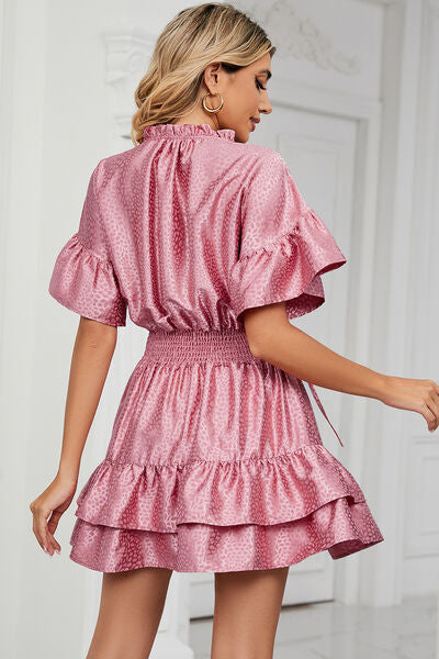 Load image into Gallery viewer, Smocked Tie Neck Flounce Sleeve Dress
