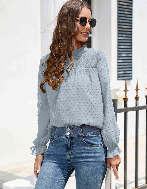 Load image into Gallery viewer, Smocked Mock Neck Swiss Dot Top
