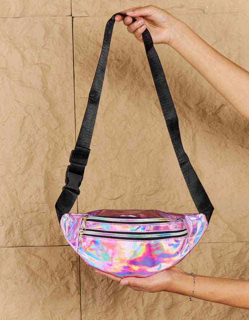 Load image into Gallery viewer, Fame Good Vibrations Holographic Double Zipper Fanny Pack in Hot Pink
