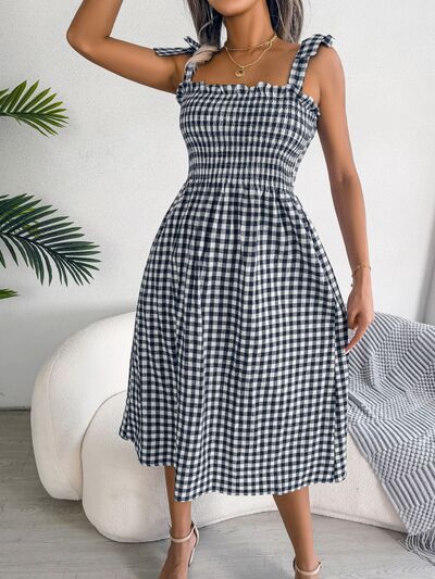 Load image into Gallery viewer, Frill Plaid Square Neck Midi Dress
