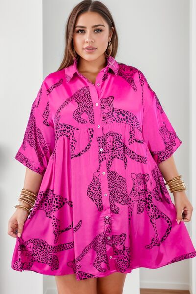 Load image into Gallery viewer, Plus Size Tiger Printed Button Up Half Sleeve Dress
