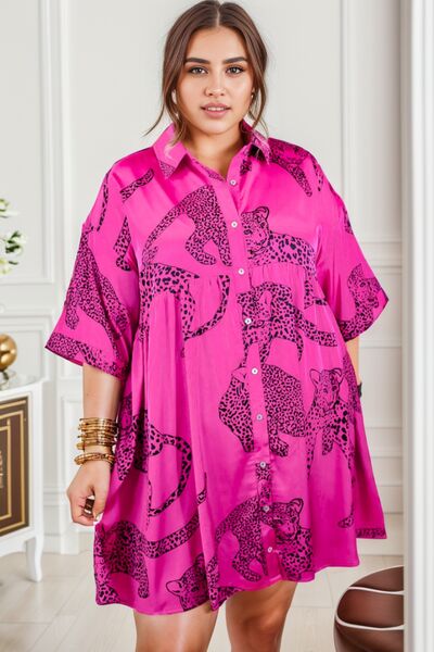 Load image into Gallery viewer, Plus Size Tiger Printed Button Up Half Sleeve Dress
