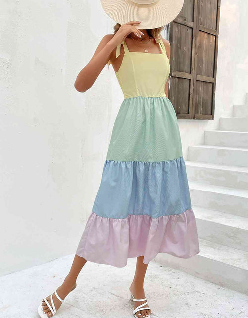 Load image into Gallery viewer, Color Block Tie-Shoulder Tiered Midi Dress
