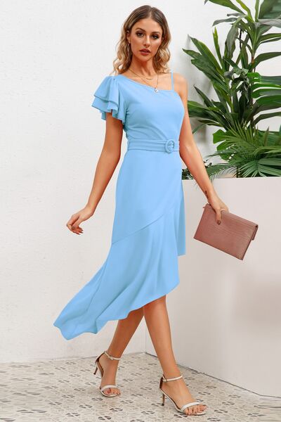 Load image into Gallery viewer, Ruffled Asymmetrical Neck Flutter Sleeve Dress
