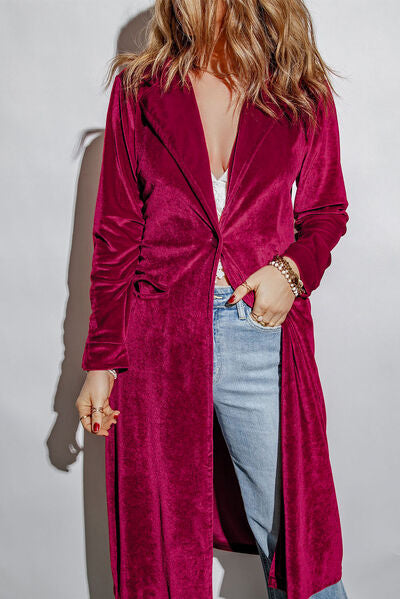 Load image into Gallery viewer, Collared Neck Longline Velvet Cardigan with Pockets
