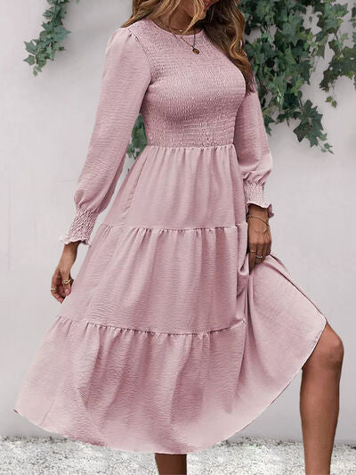 Load image into Gallery viewer, Smocked Round Neck Long Sleeve Midi Dress
