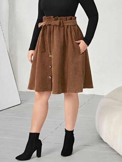 Load image into Gallery viewer, Plus Size Tied Decorative Button Paperbag Waist Skirt
