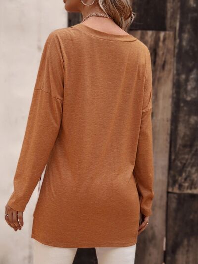 V-Neck Slit Long Sleeve T-Shirt