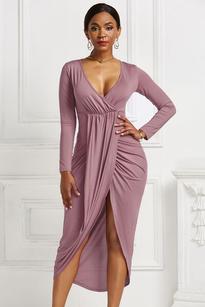 Load image into Gallery viewer, High-low Ruched Surplice Long Sleeve Dress
