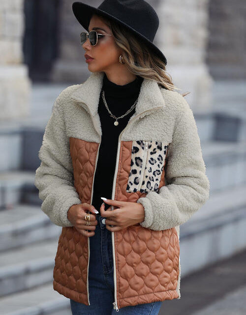 Load image into Gallery viewer, Leopard Color Block Zip-Up Jacket
