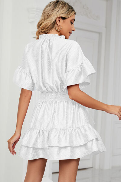 Load image into Gallery viewer, Smocked Tie Neck Flounce Sleeve Dress
