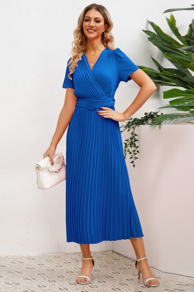 Load image into Gallery viewer, Pleated Surplice Short Sleeve Midi Dress
