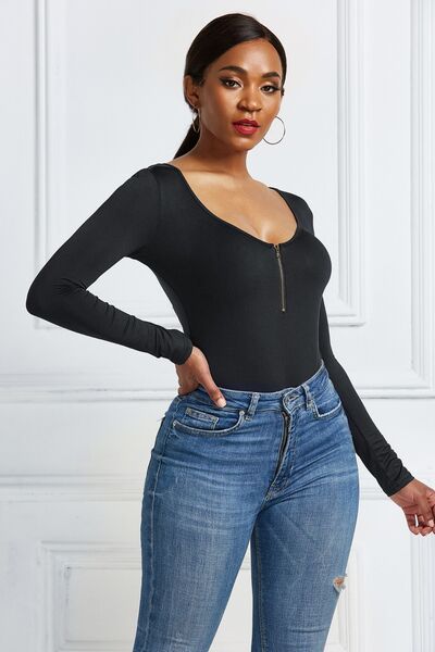 Load image into Gallery viewer, Half Zip Scoop Neck Long Sleeve Bodysuit
