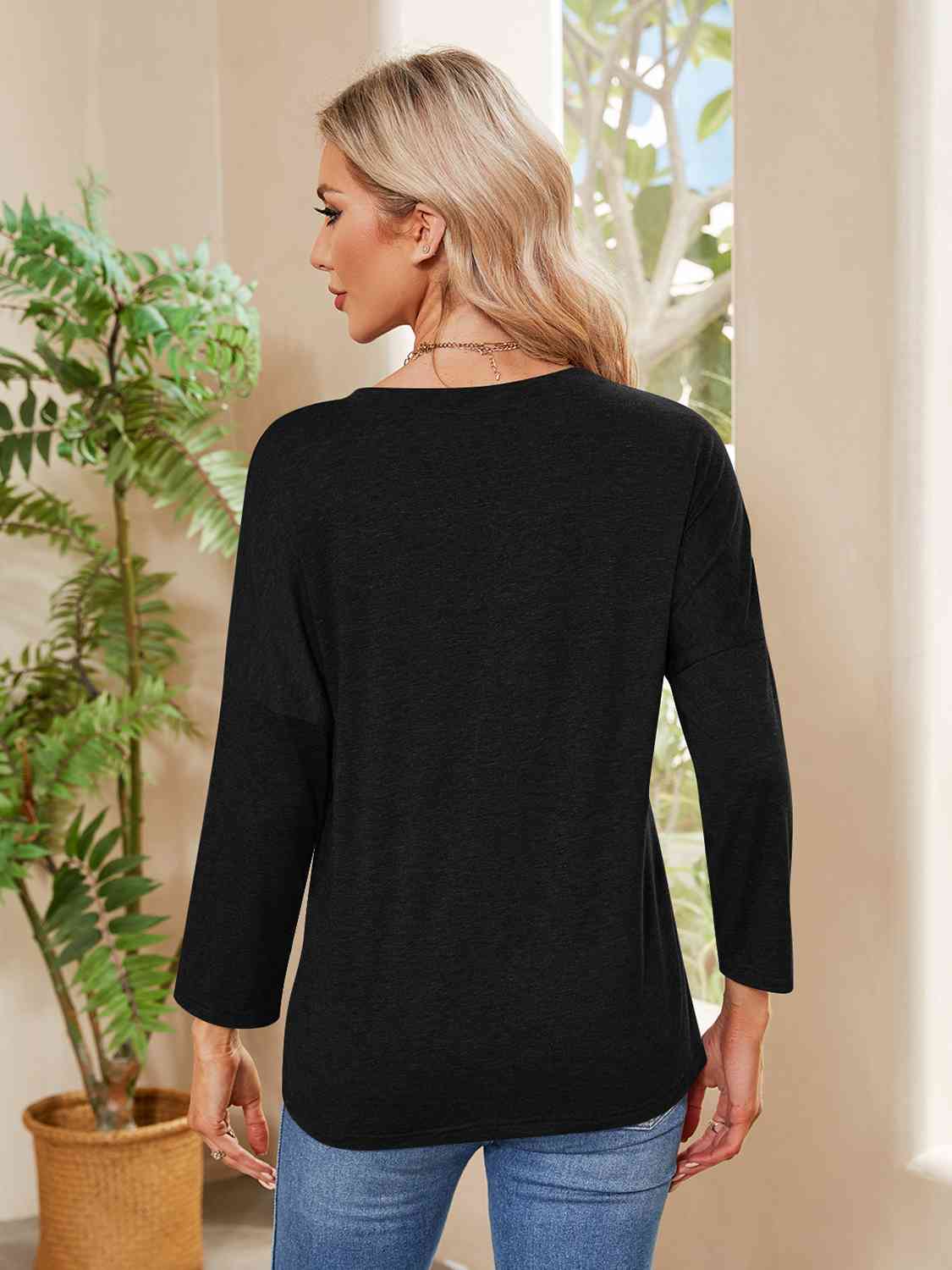 Round Neck Long Sleeve Drop Shoulder Blouse