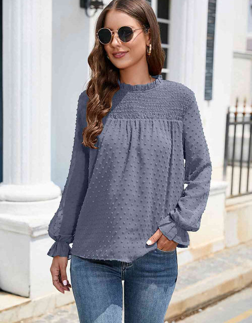 Load image into Gallery viewer, Smocked Mock Neck Swiss Dot Top
