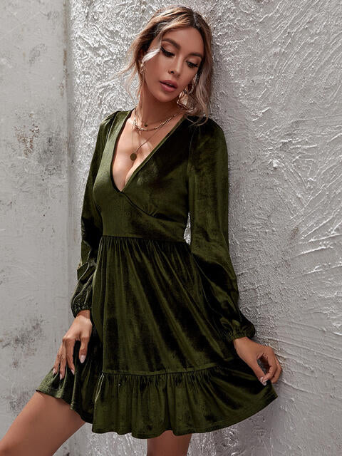 Load image into Gallery viewer, Plunge Long Sleeve Ruffle Hem Dress
