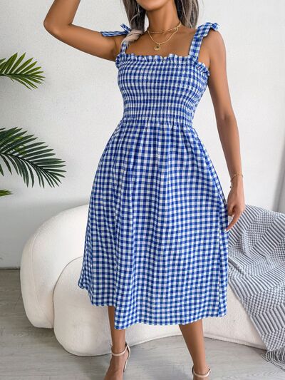 Load image into Gallery viewer, Frill Plaid Square Neck Midi Dress
