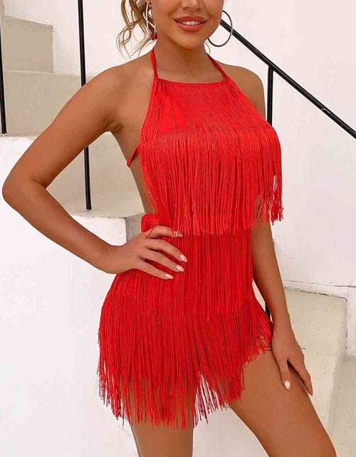 Load image into Gallery viewer, Fringed Halter Neck Tied Back Mini Dress
