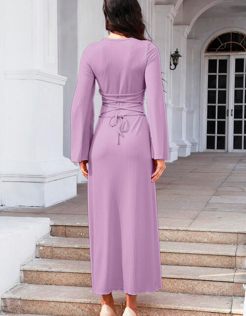 Load image into Gallery viewer, Tie Back Ribbed Round Neck Long Sleeve Dress
