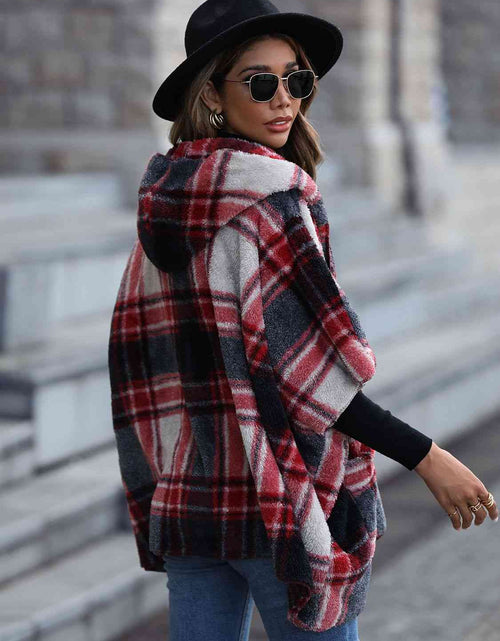 Load image into Gallery viewer, Plaid Hooded Coat with Pockets
