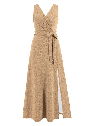 Load image into Gallery viewer, Slit Surplice Tie Waist Sleeveless Dress
