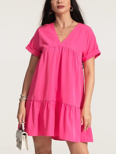 Load image into Gallery viewer, V-Neck Short Sleeve Ruffle Hem Dress
