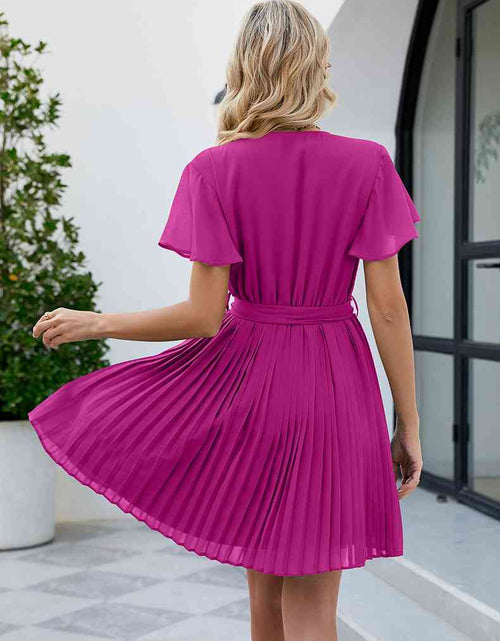 Load image into Gallery viewer, Surplice Neck Tie Waist Flutter Sleeve Pleated Dress
