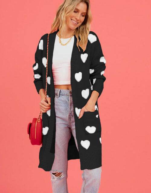 Load image into Gallery viewer, Heart Graphic Open Front Cardigan with Pockets
