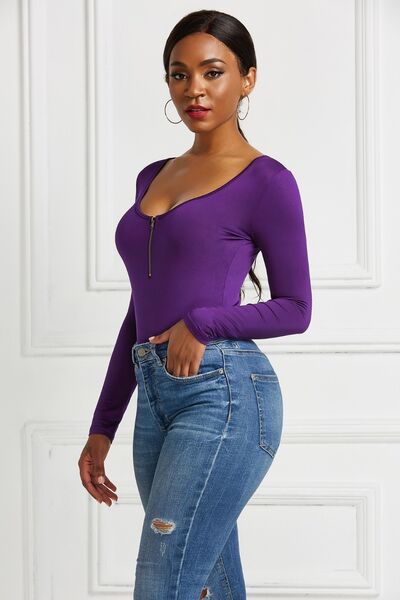 Load image into Gallery viewer, Half Zip Scoop Neck Long Sleeve Bodysuit
